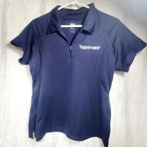 Large Women's Fitted Champion TUPPERWARE Embroidered Polo Zip Shirt Navy Blue